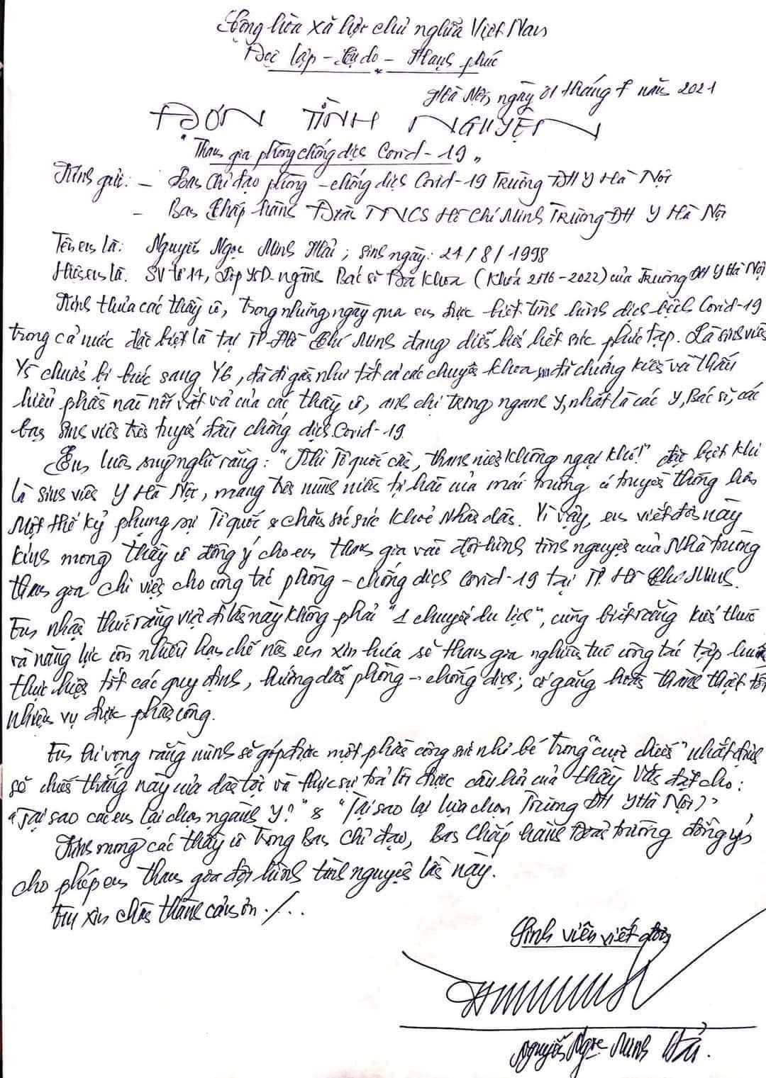 Đơn tình nguyện viết tay của sinh viên Trường Đại học Y Hà Nội