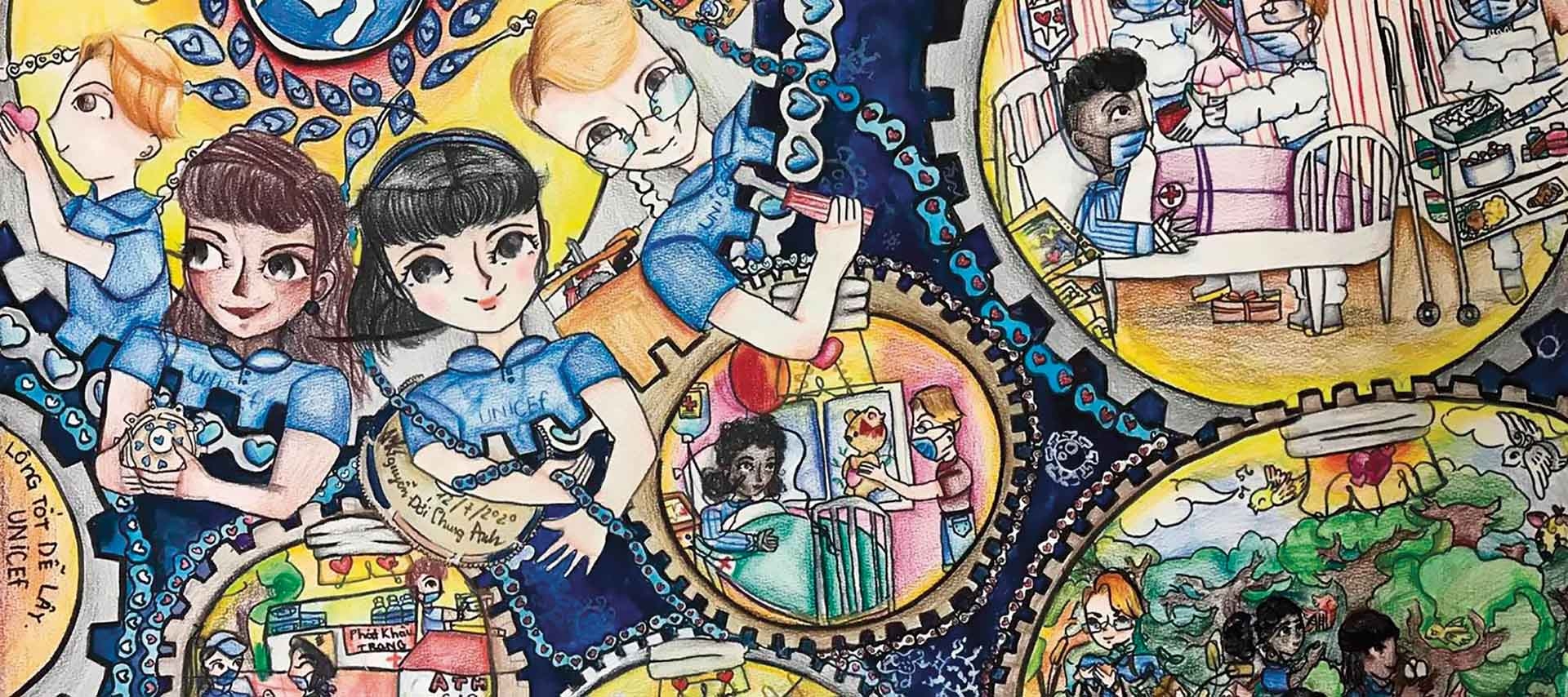 Tác phẩm “Vòng quay ánh sáng” về chủ đề Covid-19 của Nguyễn Đới Chung Anh, 11 tuổi, được Quỹ Nhi đồng Liên hợp quốc tại Việt Nam (UNICEF) chọn là ảnh nền trang web của tổ chức này. Tác phẩm “Vòng quay ánh sáng” về chủ đề Covid-19 của Nguyễn Đới Chung Anh, 11 tuổi, được Quỹ Nhi đồng Liên hợp quốc tại Việt Nam (UNICEF) chọn là ảnh nền trang web của tổ chức này.