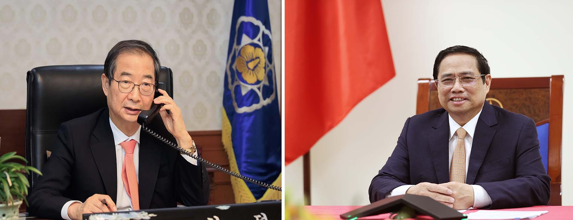 Thủ tướng Phạm Minh Chính điện đàm với Thủ tướng Hàn Quốc Han Duck-soo. (Nguồn: TTXVN) Thủ tướng Phạm Minh Chính điện đàm với Thủ tướng Hàn Quốc Han Duck-soo. (Nguồn: TTXVN)