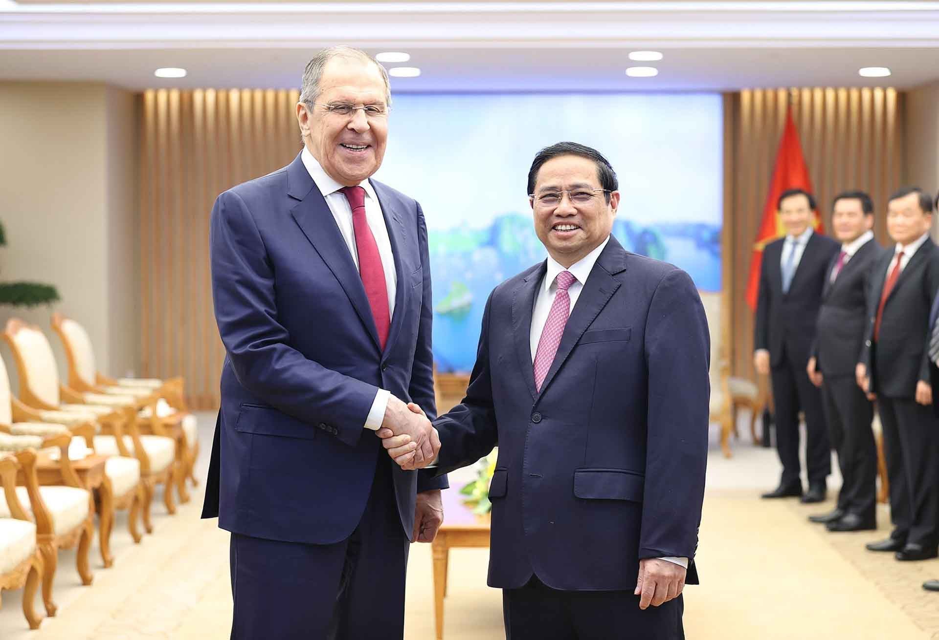 Thủ tướng Phạm Minh Chính tiếp Bộ trưởng Ngoại giao Nga Sergey Lavrov. (Nguồn: TTXVN) Thủ tướng Phạm Minh Chính tiếp Bộ trưởng Ngoại giao Nga Sergey Lavrov. (Nguồn: TTXVN)