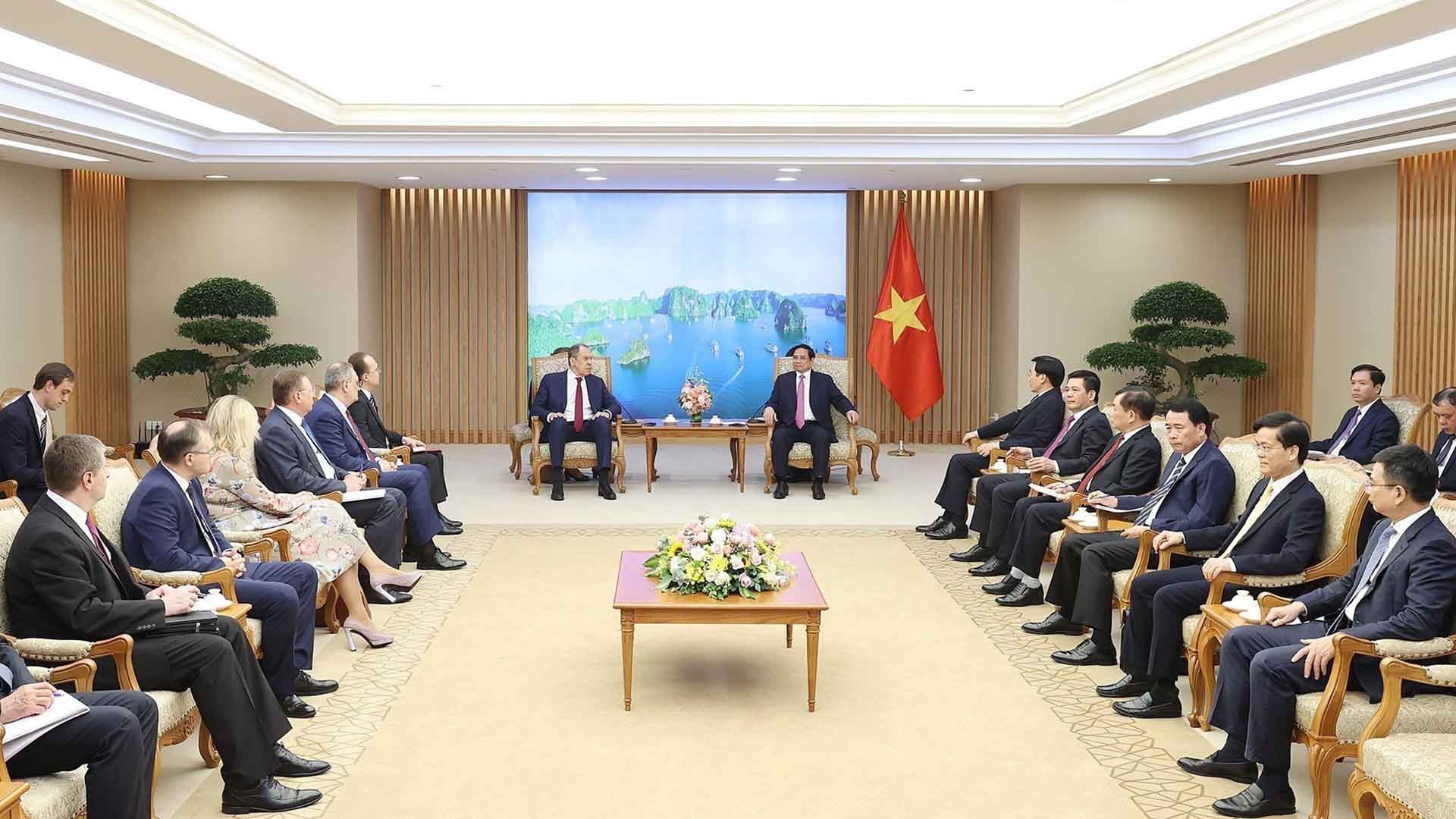 Thủ tướng Phạm Minh Chính tiếp Bộ trưởng Ngoại giao Nga Sergey Lavrov. (Nguồn: TTXVN) Thủ tướng Phạm Minh Chính tiếp Bộ trưởng Ngoại giao Nga Sergey Lavrov. (Nguồn: TTXVN)