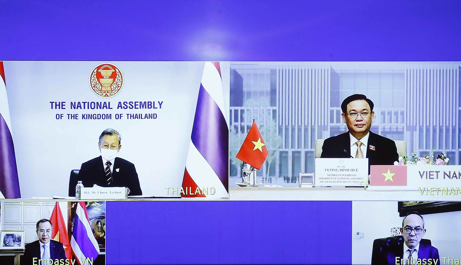 Chủ tịch Quốc hội cảm ơn Thái Lan đã tặng Việt Nam vật tư y tế phòng dịch Covid-19, tạo điều kiện thuận lợi cho việc xuất khẩu vaccine AstraZeneca sản xuất tại Thái Lan sang Việt Nam; mong muốn hai bên tiếp tục tăng cường hợp tác ứng phó với đại dịch.