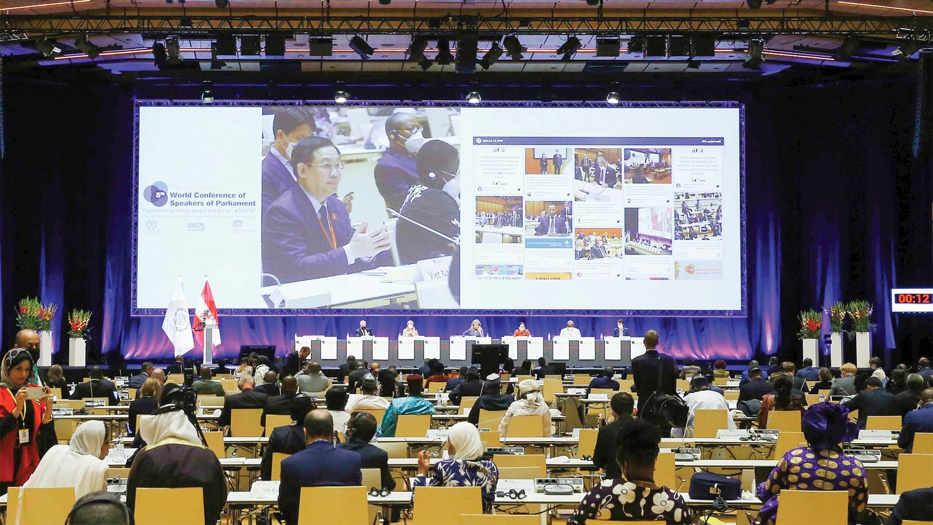 Chủ tịch Quốc hội Vương Đình Huệ tại phiên khai mạc Hội nghị các Chủ tịch Quốc hội Thế giới lần thứ 5 tại Cộng hòa Áo, ngày 7/9. (Ảnh: TTXVN)