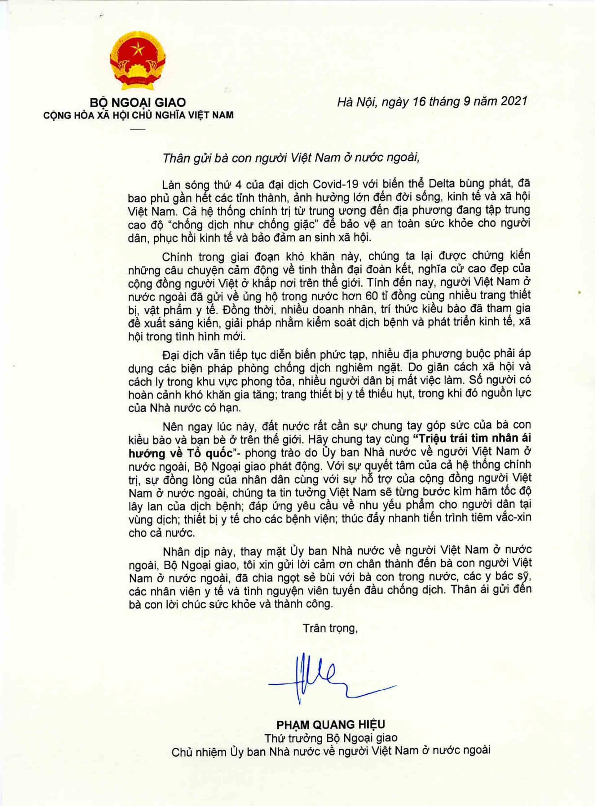 Thứ trưởng, Chủ nhiệm Ủy ban Nhà nước về người Việt Nam ở nước ngoài Phạm Quang Hiệu gửi thư cảm ơn đóng góp của kiều bào Thứ trưởng Phạm Quang Hiệu gửi thư cảm ơn nghĩa cử cao đẹp của cộng đồng người Việt ở nước ngoài