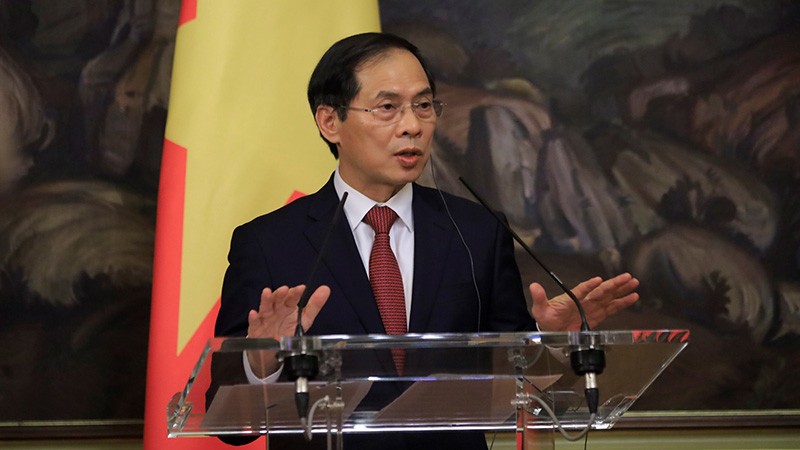 Bộ trưởng Ngoại giao Bùi Thanh Sơn phát biểu tại cuộc họp báo sau hội đàm. Bộ trưởng Ngoại giao Bùi Thanh Sơn phát biểu tại cuộc họp báo sau hội đàm.