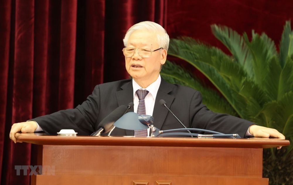 Tổng Bí thư, Chủ tịch nước Nguyễn Phú Trọng phát biểu bế mạc Hội nghị. (Ảnh: Trí Dũng/TTXVN) Hội nghị lần thứ 13, Ban Chấp hành Trung ương Đảng khóa XII bế mạc