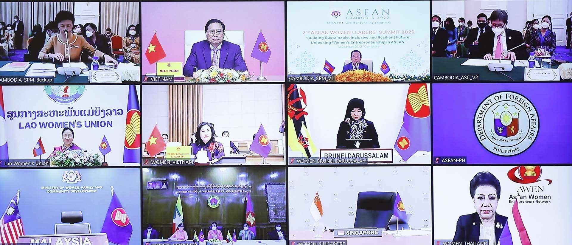 Đại biểu các nước ASEAN tham dự Phiên toàn thể Hội nghị Thượng đỉnh Lãnh đạo nữ ASEAN lần thứ 2 theo hình thức trực tuyến. (Nguồn: TTXVN) Đại biểu các nước ASEAN tham dự Phiên toàn thể Hội nghị Thượng đỉnh Lãnh đạo nữ ASEAN lần thứ 2 theo hình thức trực tuyến. (Nguồn: TTXVN)