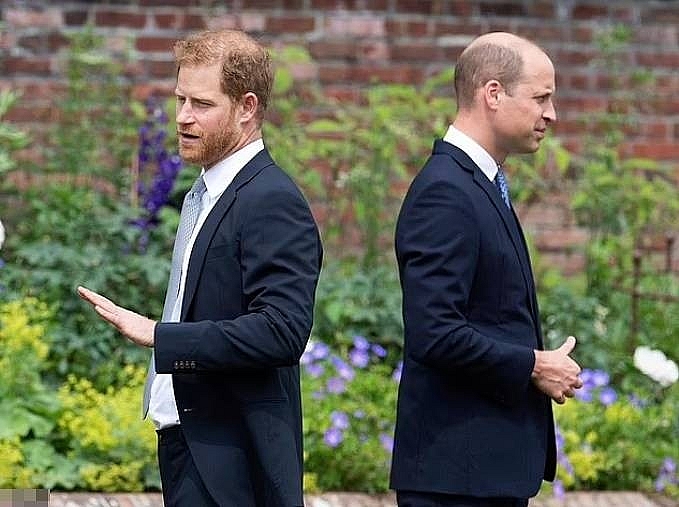 Harry và William quay lưng với nhau trò chuyện cùng khách mời trong lễ khánh thành tượng Diana hôm 1/7. Ảnh: AP.