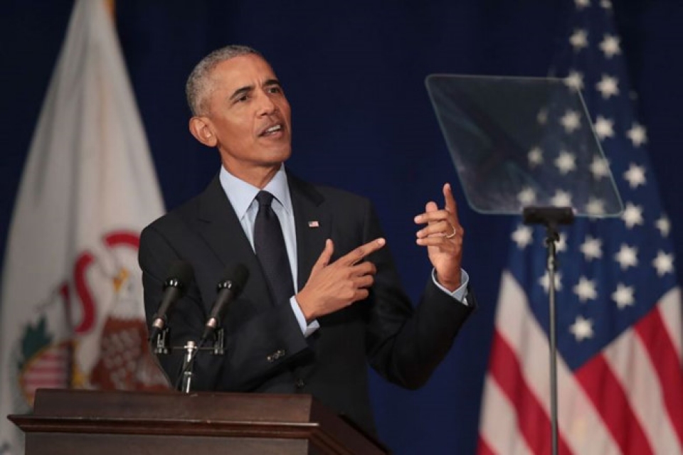 Cựu tổng thống Obama phát biểu tại Đại học Illinois. (Nguồn: AFP) Tương lai vũ khí hạt nhân Mỹ dưới thời ông Joe Biden