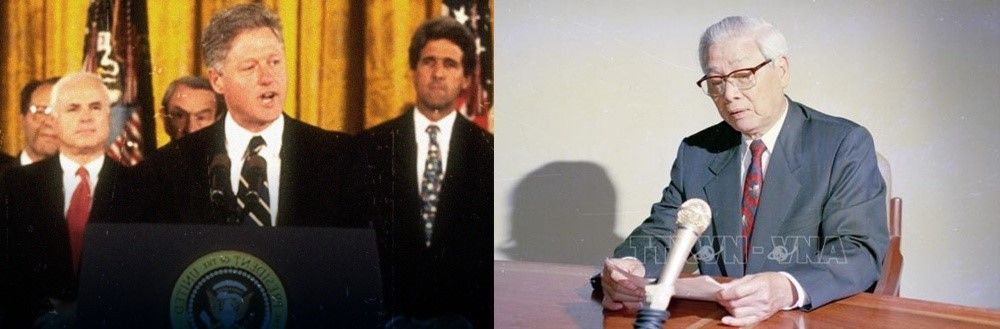 Ảnh: Tổng thống Mỹ Bill Clinton và Thủ tướng Việt Nam tuyên bố bình thường hóa quan hệ ngoại giao giữa hai quốc gia ngày 11/7/1995. (Nguồn: Sở Ngoại vụ TP Hồ Chí Minh) Sở Ngoại vụ Tp. HCM: 45 năm hình thành và phát triển - 45 năm tiếp nối tự hào