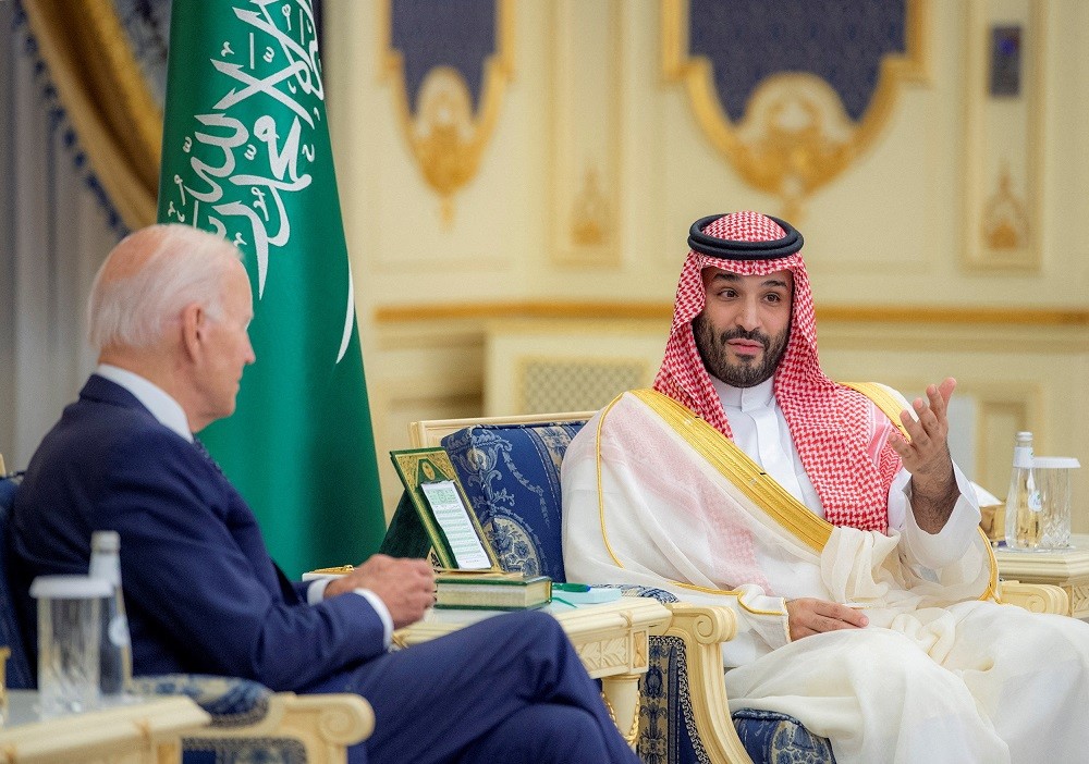 (07.17) Thái tử Mohammad Bin Salman trong cuộc thảo luận với Tổng thống Mỹ Joe Biden ngày 15/7. (Nguồn: Reuters)