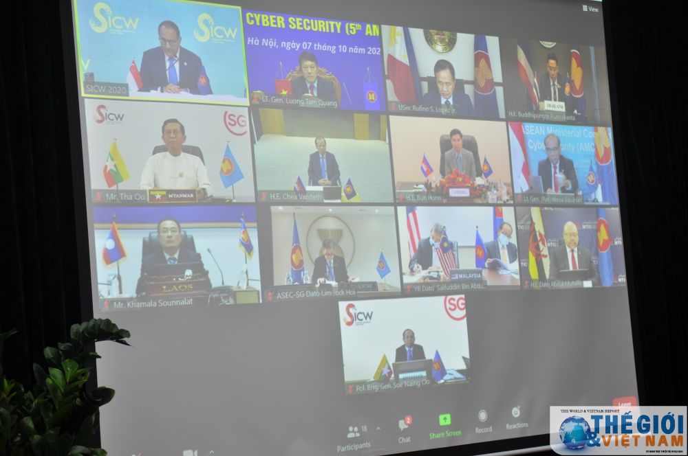 (10.7) Bộ trưởng, Thứ trưởng phụ trách lĩnh vực an ninh mạng tham gia Hội nghị trực tuyến Bộ trưởng ASEAN về An ninh mạng ngày 7/10. (Ảnh: Minh Quân) Hội nghị Bộ trưởng ASEAN về An ninh mạng lần thứ 5 (AMCC-5)