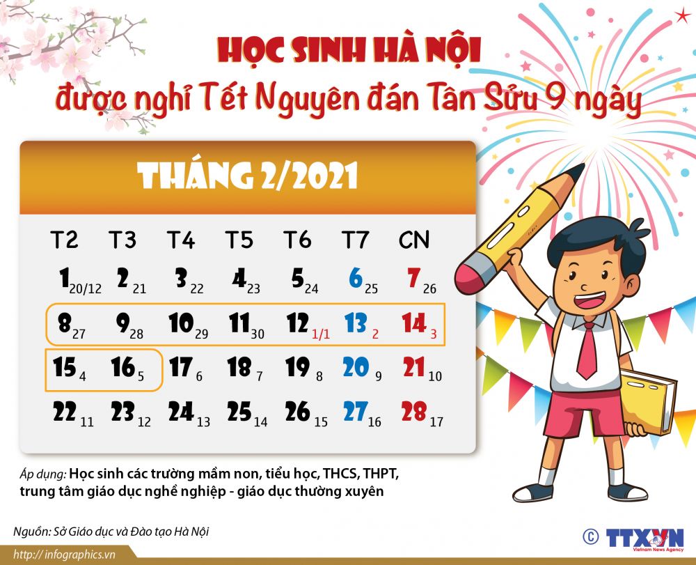 Học sinh Hà Nội được nghỉ Tết Nguyên đán Tân Sửu 9 ngày Học sinh Hà Nội được nghỉ Tết Nguyên đán Tân Sửu 9 ngày