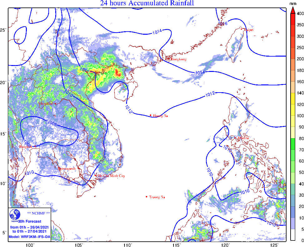 Dự báo thời tiết đêm nay và ngày mai (26-27/4): Cả nước có mưa rào và dông; Bắc Bộ, Bắc Trung Bộ mưa to, vùng núi Bắc Bộ trời lạnh; Nam Bộ ngày nắng