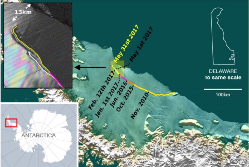 Một tảng băng khổng lồ sắp tách khỏi Nam Cực mot tang bang khong lo sap roi nam cuc
