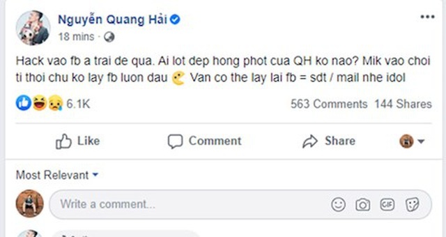 Quang Hải lo lắng sốt vó vì facebook cá nhân bị hacker xâm nhập quang hai lo lang sot vo vi facebook ca nhan bi hacker xam nhap