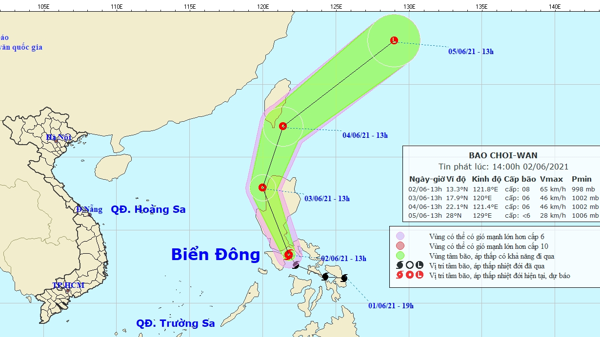 Tác động của bão Choi-wan, vùng biển phía Đông khu vực Bắc và giữa Biển Đông sẽ có mưa dông, gió mạnh cấp 6, giật cấp 7-8