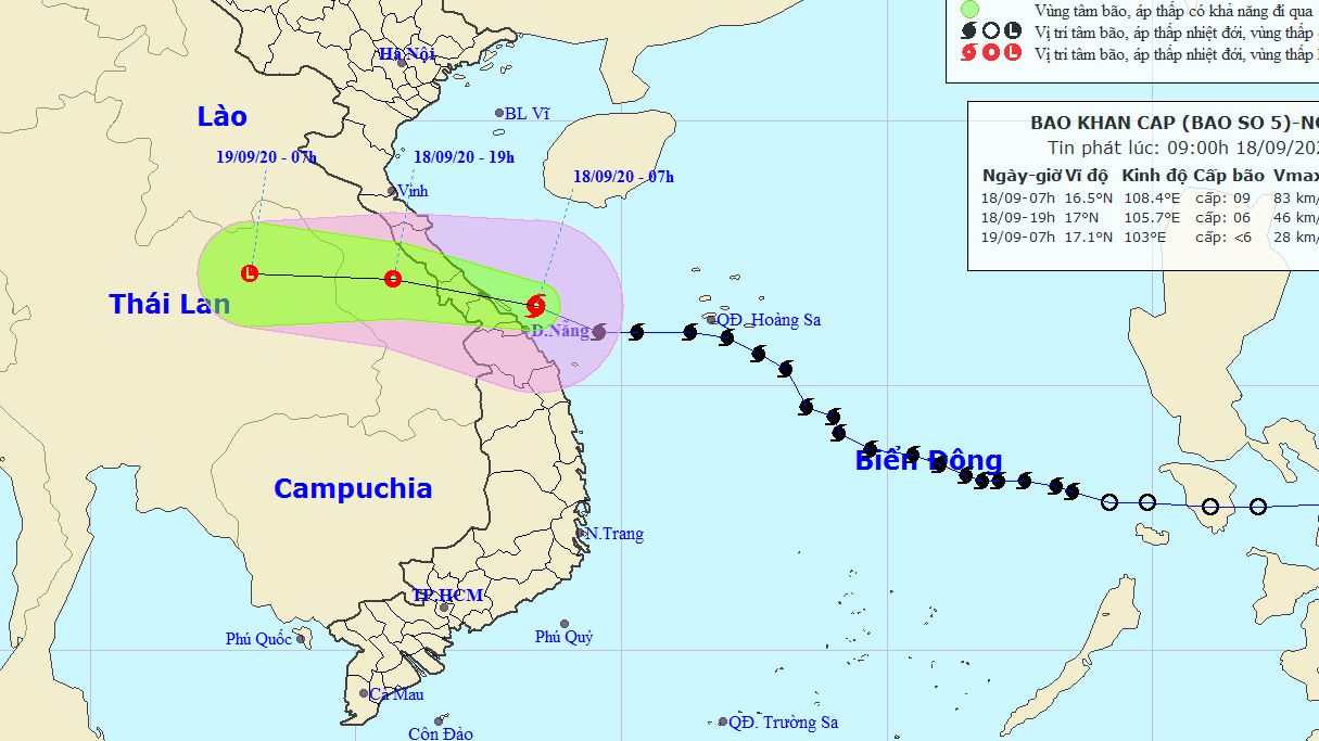 Dự báo thời tiết: Tin áp thấp nhiệt đới trên đất liền (Suy yếu từ cơn bão số 5), miền Trung mưa rất to và có gió giật mạnh