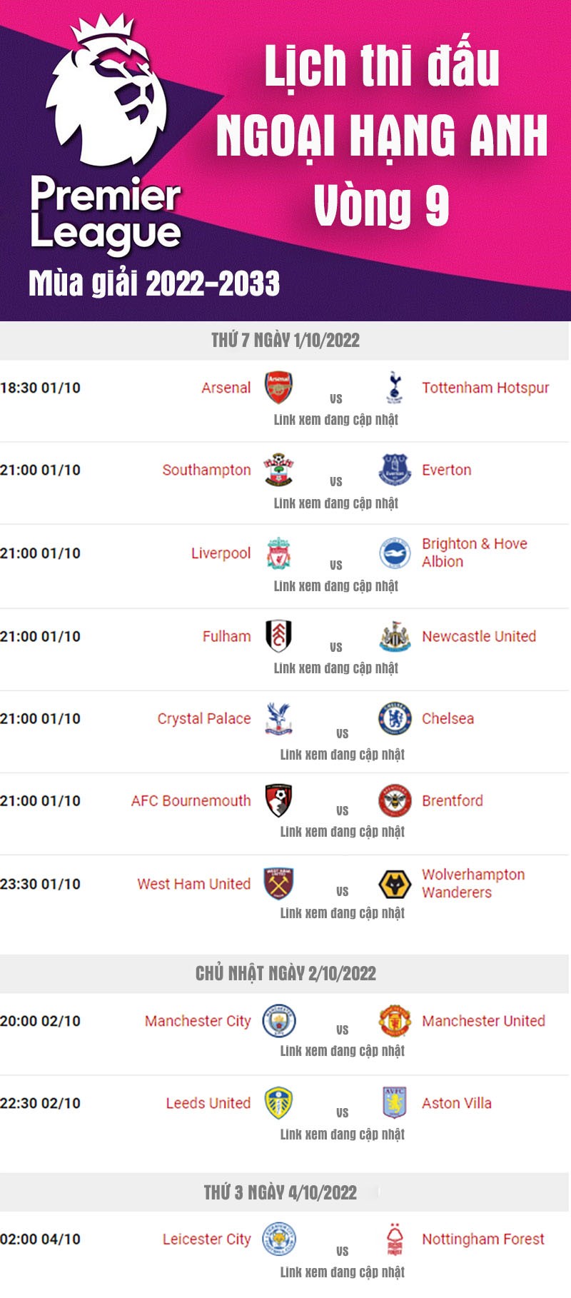 Lịch thi đấu Ngoại hạng Anh vòng 9: Đại chiến MU vs Man City Lịch thi đấu Ngoại hạng Anh vòng 9: Đại chiến MU vs Man City