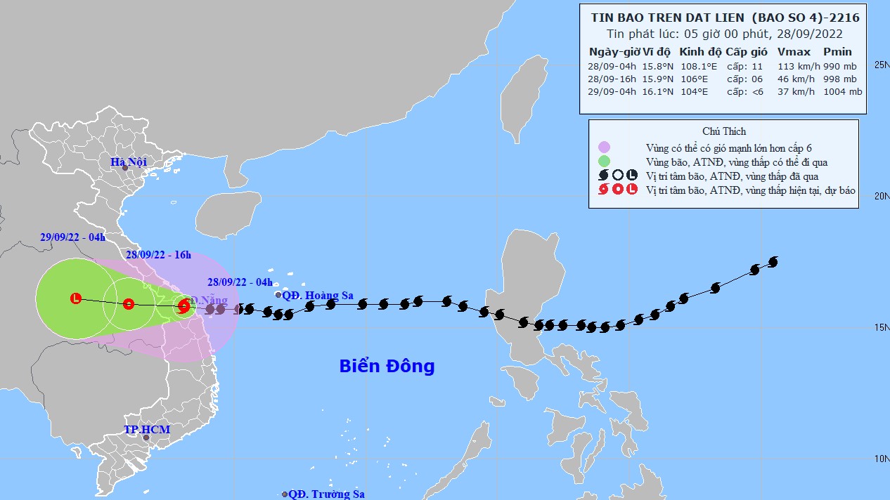 Bão số 4 trên đất liền khu vực Thừa Thiên Huế-Quảng Ngãi, gió vùng gần tâm bão giật cấp 13, mưa rất to