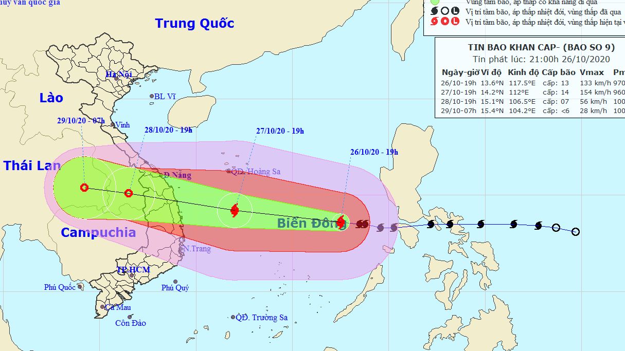 Dự báo thời tiết: Tin bão khẩn cấp cơn bão số 9, Bắc và giữa Biển Đông biển động dữ dội; gió giật cấp 15; Trung Bộ, Tây Nguyên mưa lớn