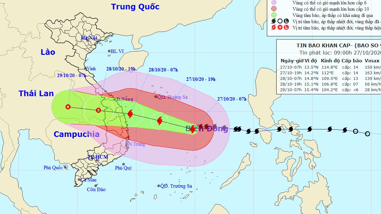 Dự báo thời tiết 3 ngày tới (27-29/10): Bắc và giữa Biển Đông có gió mạnh, tâm bão giật cấp 17; Trung Bộ, Tây Nguyên đặc biệt mưa to