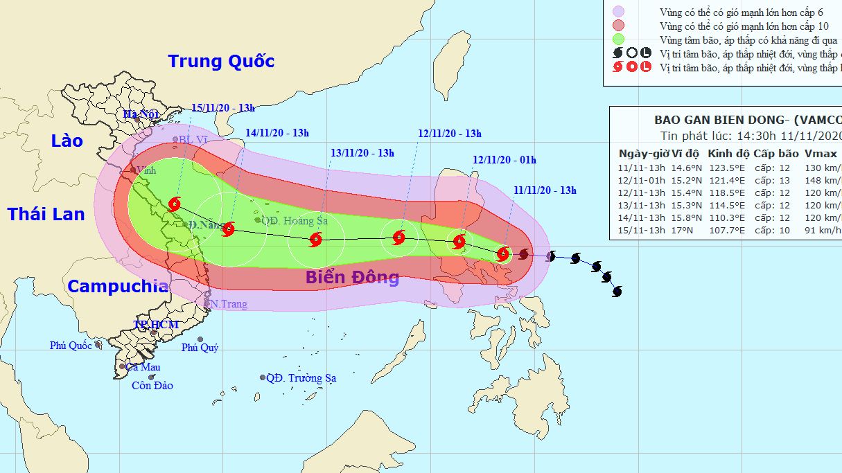 Dự báo thời tiết: Bão Vamco di chuyển theo hướng Tây Tây Bắc, đi vào Biển Đông, gió giật cấp 15