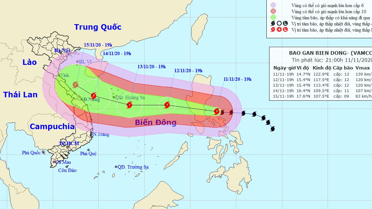 Dự báo thời tiết: Trong 24 giờ tới, bão Vamco đi vào Biển Đông, biển động dữ dội, sóng biển vùng gần tâm bão 6,0-,9,0m