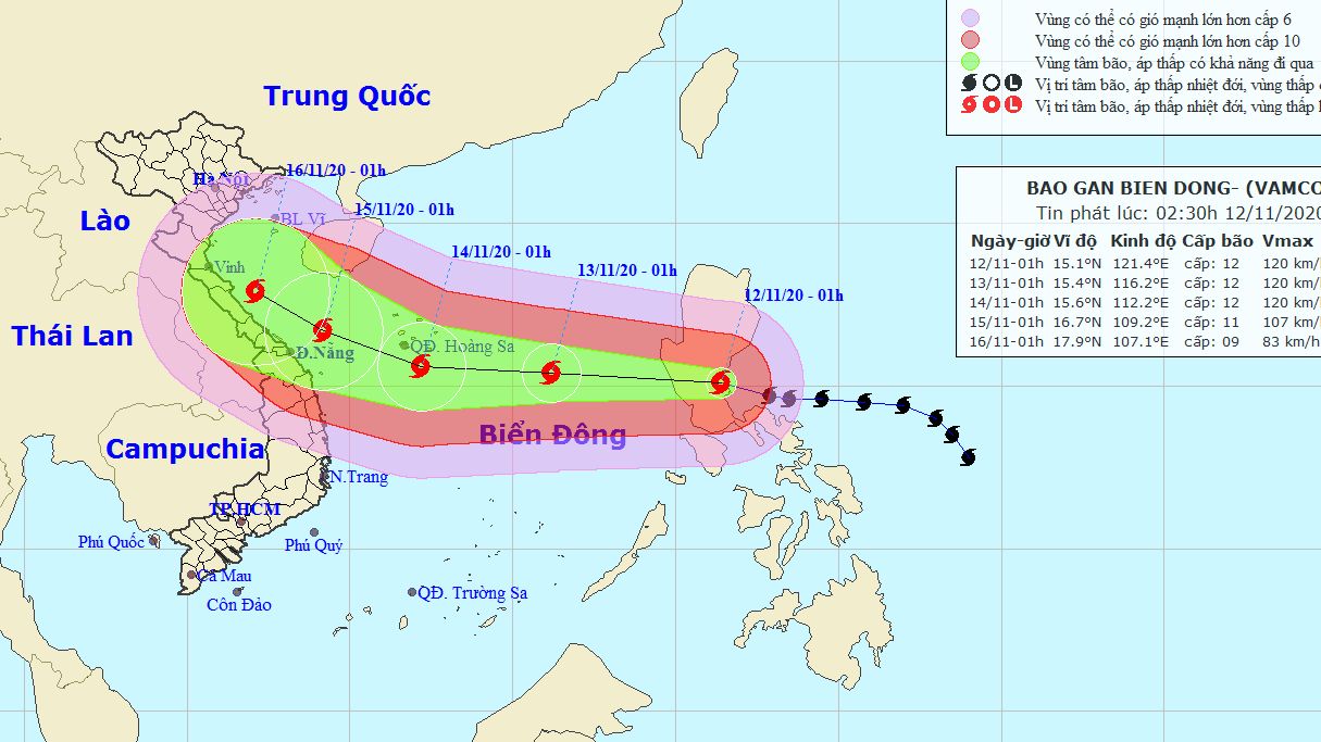 Tin bão mới nhất: Bão Vamco tạo vùng nguy hiểm trên Biển Đông, gió mạnh, giật cấp 15