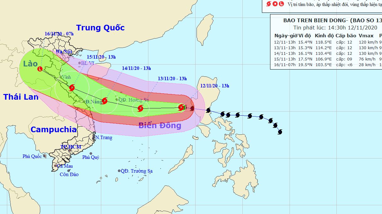 Cập nhật diễn biến bão số 13: Dự báo, đến 13 giờ ngày 14/11, bão trên vùng biển phía Tây Nam quần đảo Hoàng Sa
