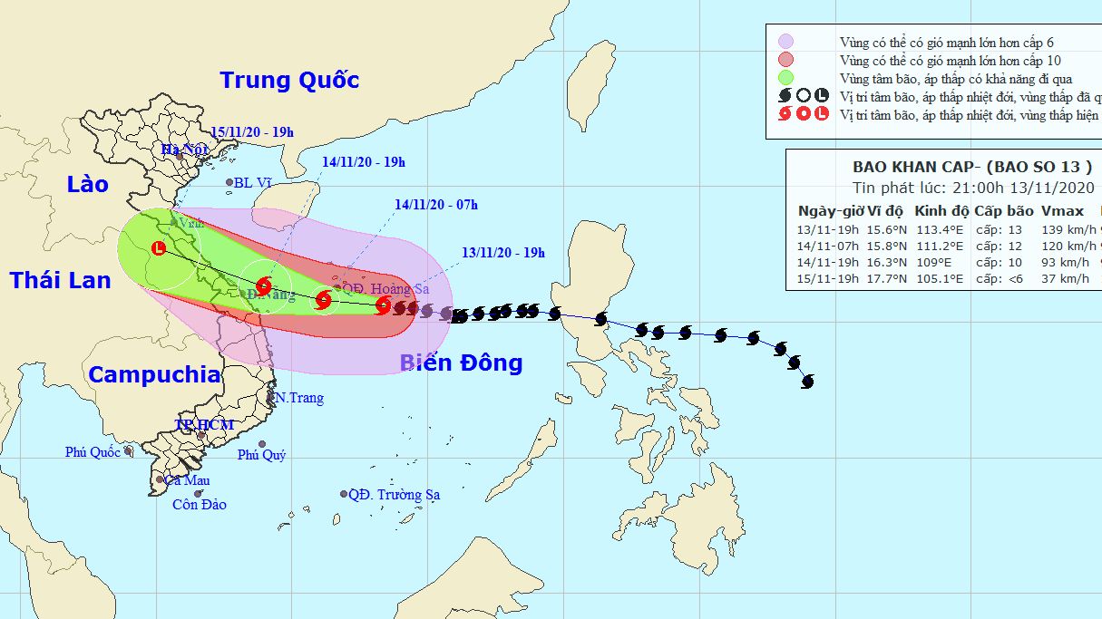 Cập nhật diễn biến bão số 13: Sáng mai (14/11), từ Hà Tĩnh đến Quảng Nam gió mạnh dần, giật đến cấp 11 và mưa rất to