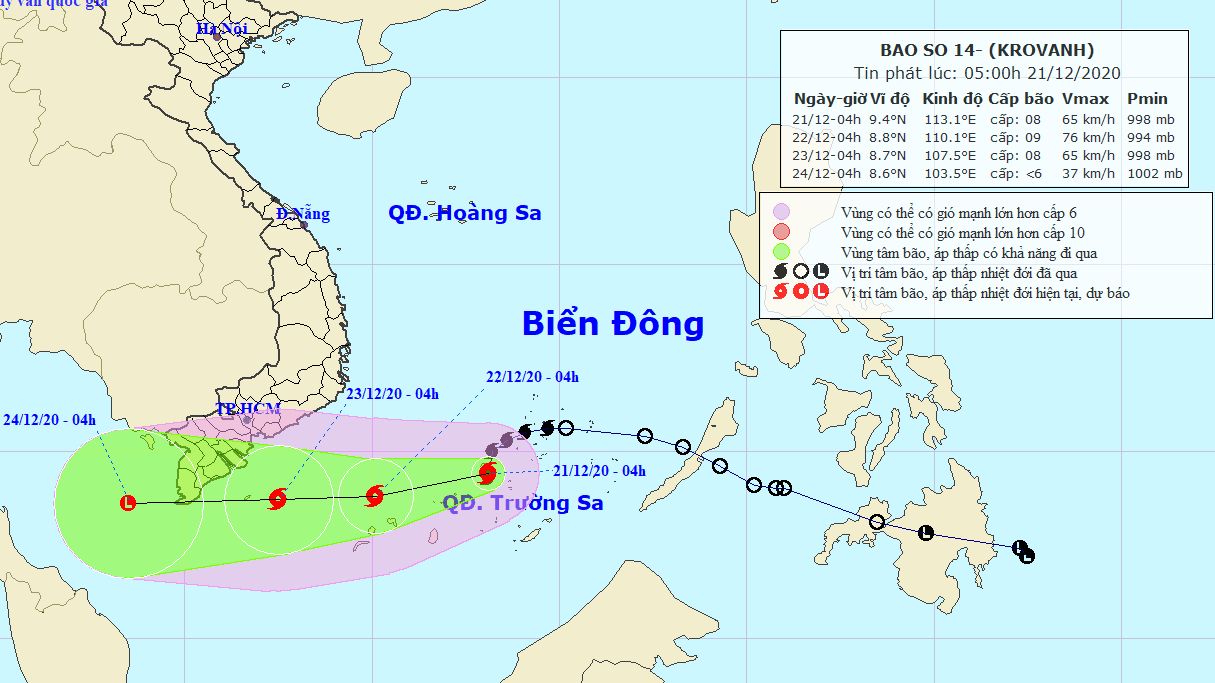 Bão số 14 tạo vùng nguy hiểm trên Biển Đông, giật cấp 11, biển động rất mạnh, sóng biển cao từ 5,0-7,0m