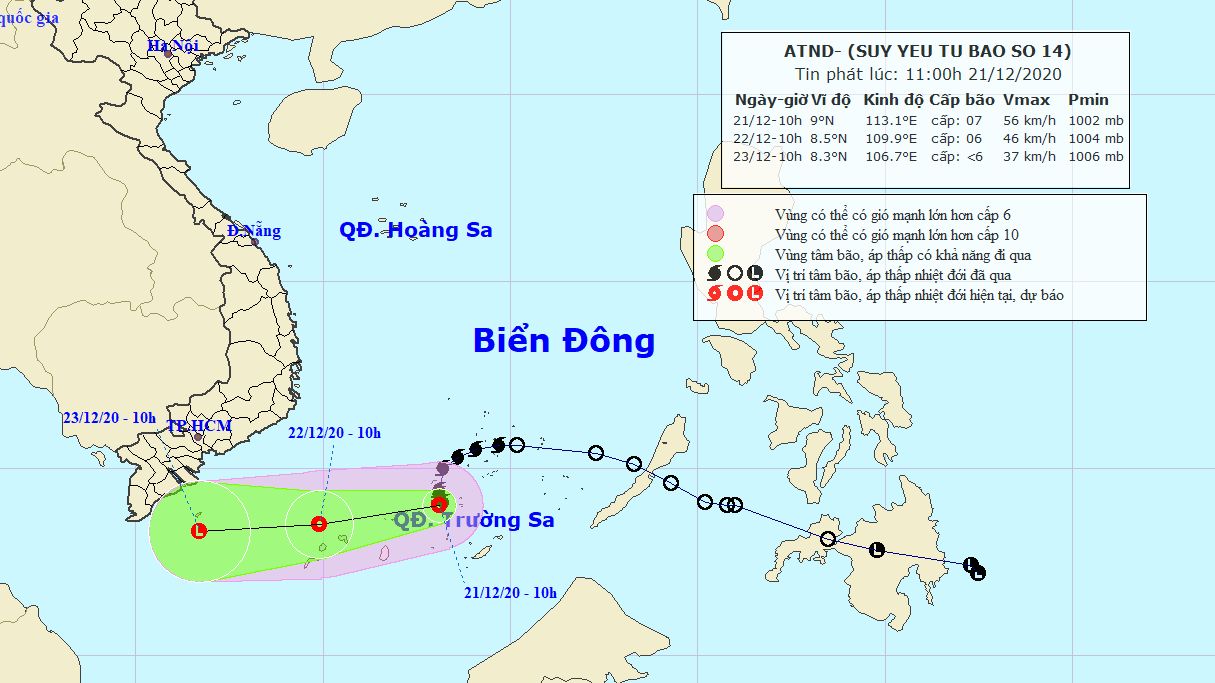 Bão số 14 suy yếu thành áp thấp nhiệt đới trên Biển Đông, sức gió mạnh cấp 7, giật cấp 9