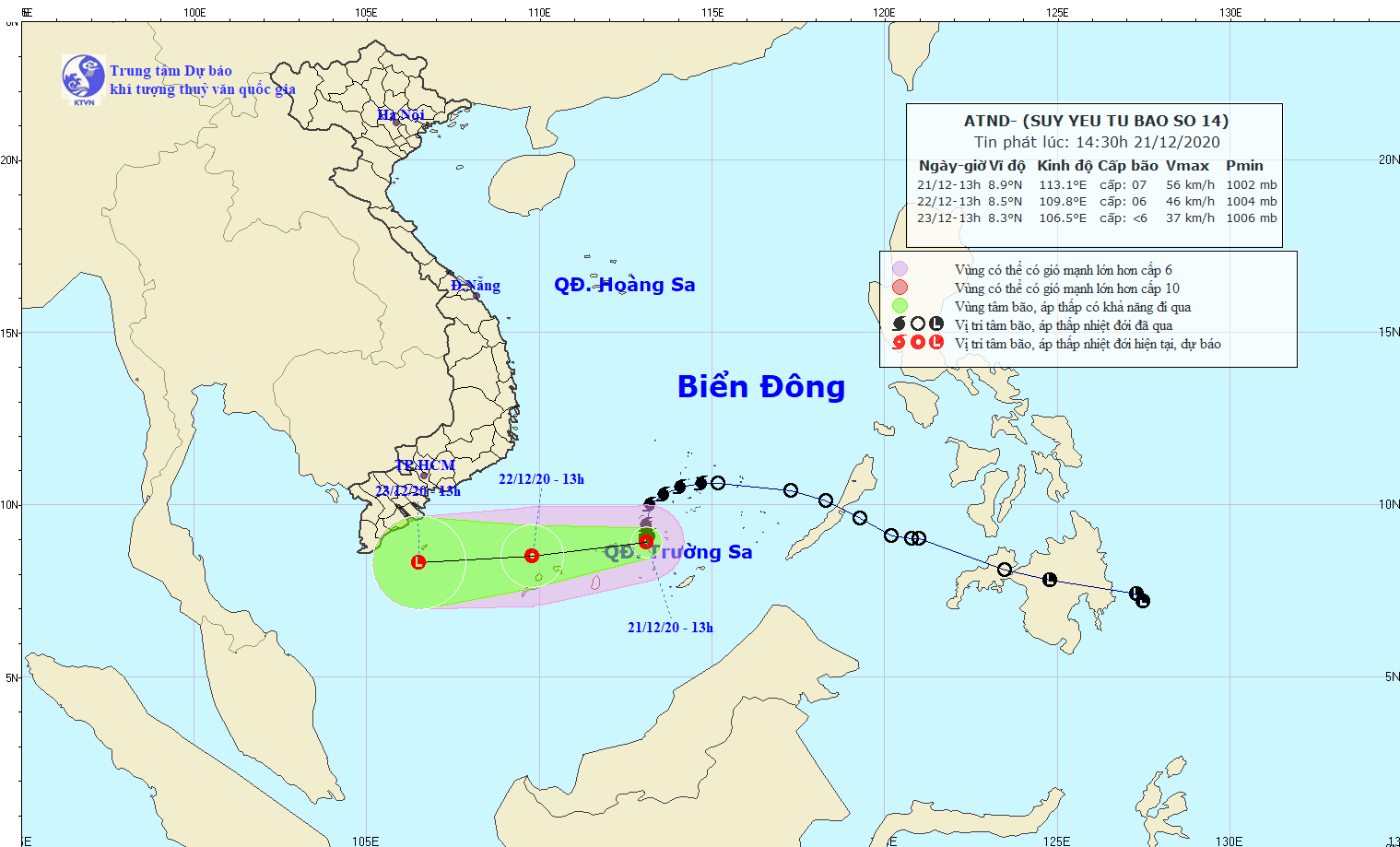 Dự báo thời tiết đêm nay và ngày mai (21-22/12): Bắc Bộ, Bắc Trung Bộ trời rét, vùng núi cao có băng giá. Trung Bộ, Tây Nguyên, Nam Bộ mưa to