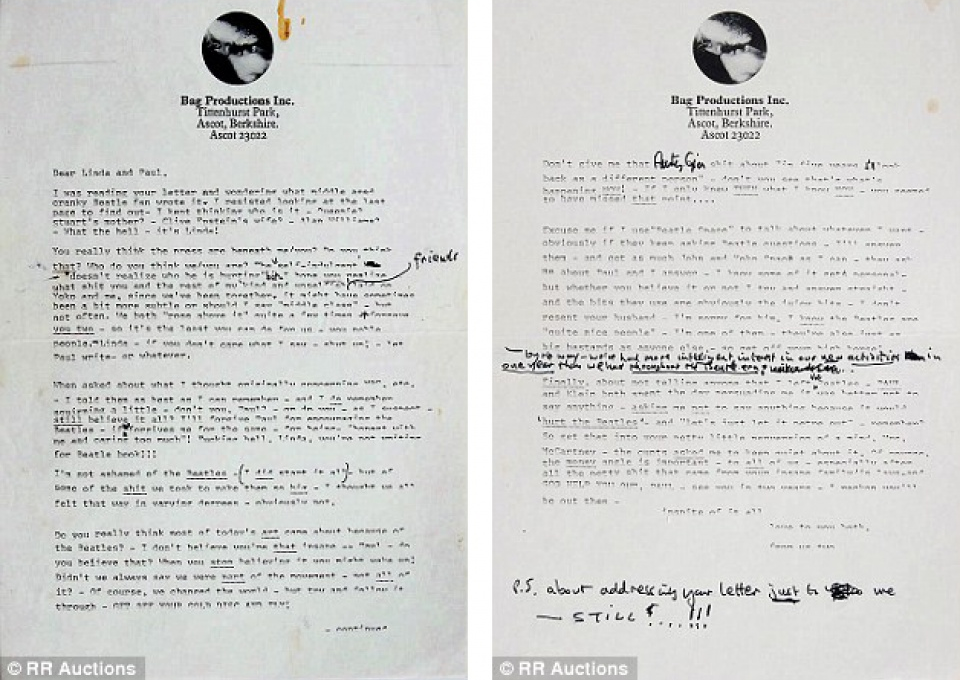 Đấu giá lá thư “căng thẳng” giữa hai huyền thoại The Beatles