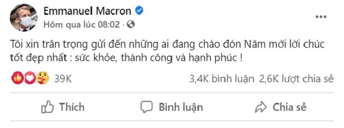 Tổng thống Pháp chúc Tết bằng tiếng Việt. (Nguồn: Twitter) Tổng thống Pháp chúc Tết bằng tiếng Việt. (Nguồn: Twitter)