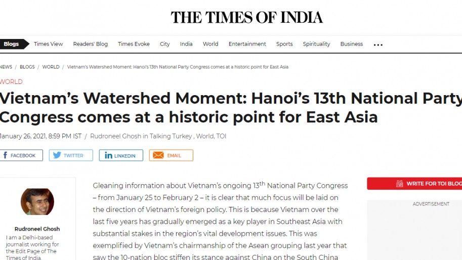 Đại hội XIII của Đảng: Truyền thông Ấn Độ đánh giá cao vai trò của Việt Nam trong khu vực