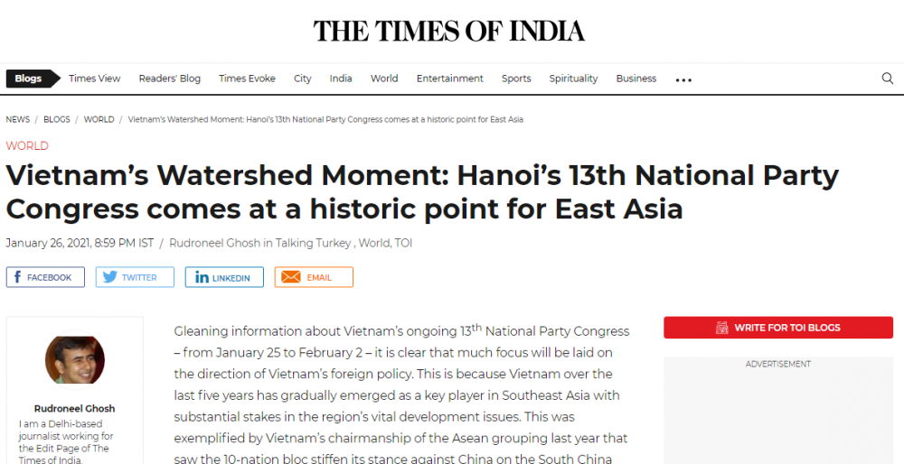 Trang Times of India của Ấn Độ ngày 26/1 đã đưa thông tin về Đại hội XIII của Đảng. (Nguồn: Times of India)