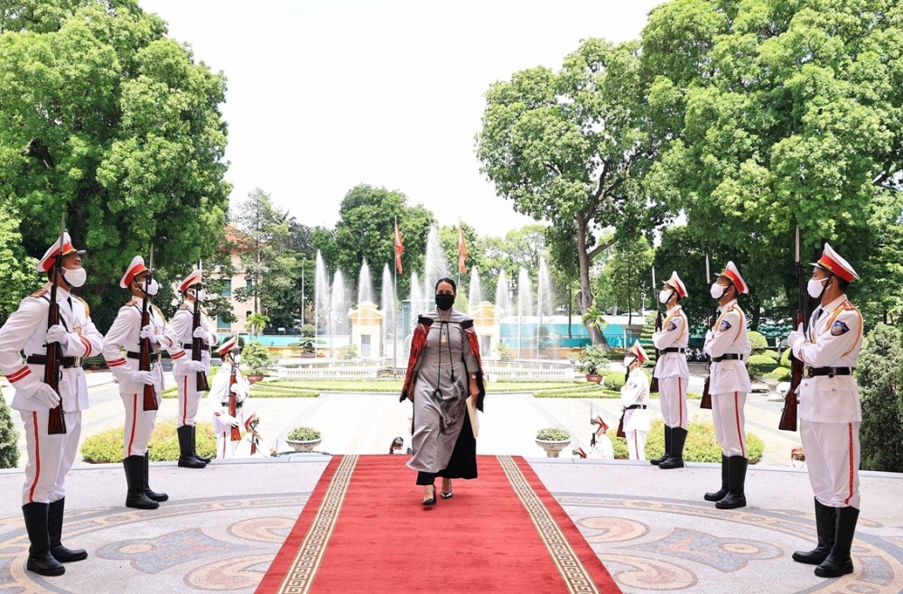 Đại sứ New Zealand đã tạo cho mình điểm nhấn riêng khi mặc chiếc áo dài với hoa văn đặc biệt ý nghĩa. (Nguồn: TTXVN) Đại sứ New Zealand đã tạo cho mình điểm nhấn riêng khi mặc chiếc áo dài với hoa văn đặc biệt ý nghĩa. (Nguồn: TTXVN)