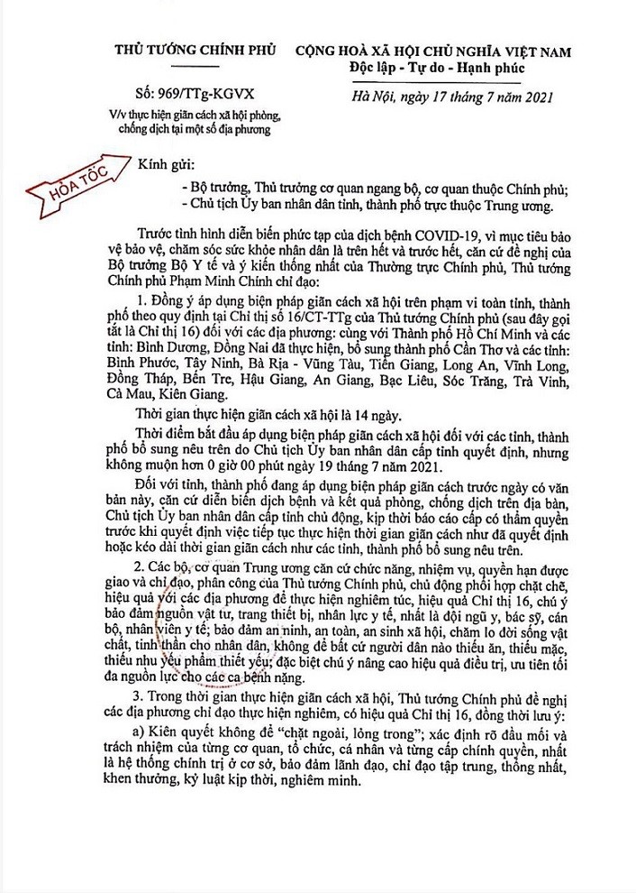 giãn cách theo Chỉ thị 16 đối với 16 tỉnh, thành phía Nam