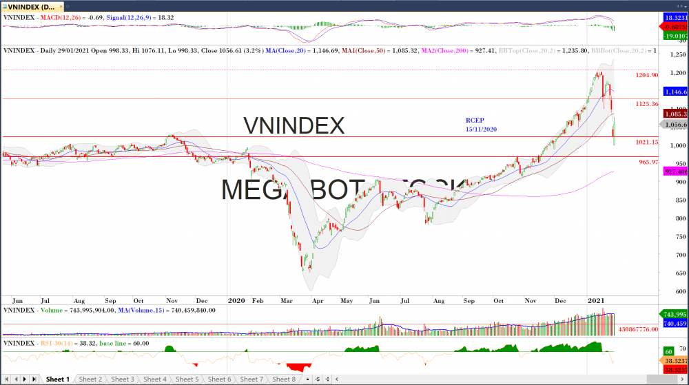 Thị trường chứng khoán ngày 1/2: Đồ thị VN-Index. (Nguồn: MegaBot)