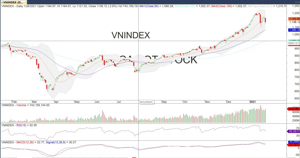 Đồ thị VN-Index của thị trường chứng khoán hôm nay 26/01 (Nguồn MegaBot)
