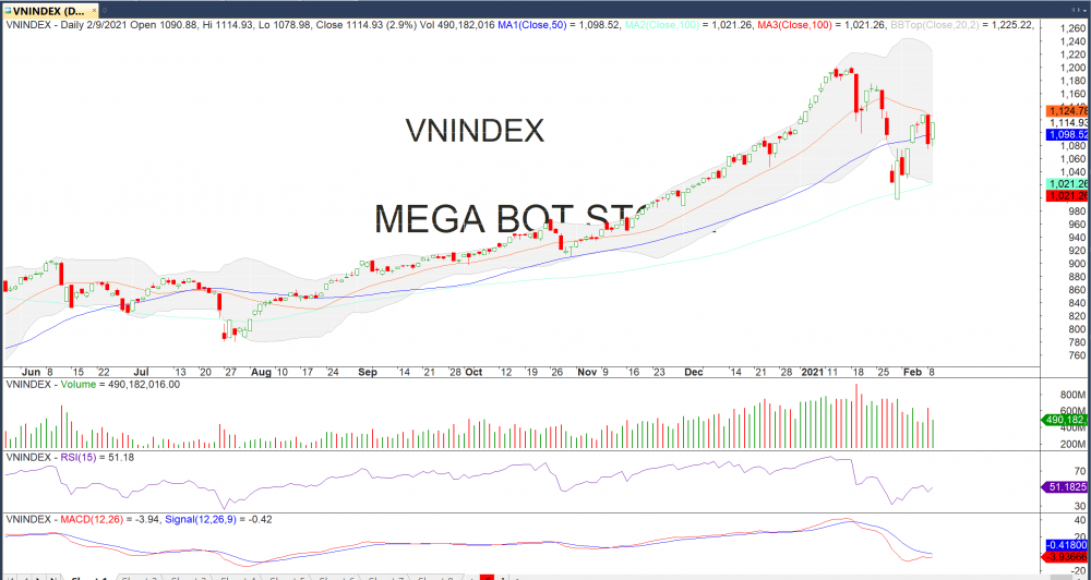 Đồ thị VN-Index của thị trường chứng khoán hôm nay 09/02. (Nguồn: MegaBot)