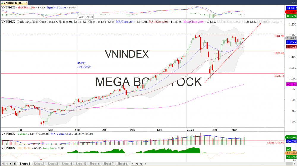 Thị trường chứng khoán ngày 15/03/2020: Đồ thị VN-Index. (Nguồn: MegaBot)