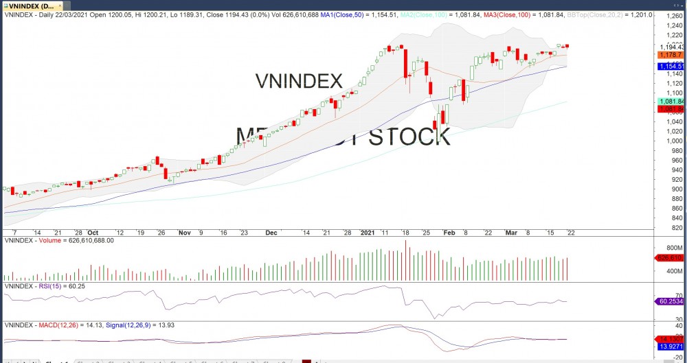 Đồ thị VN-Index của thị trường chứng khoán hôm nay 22/3 (Nguồn MegaBot)