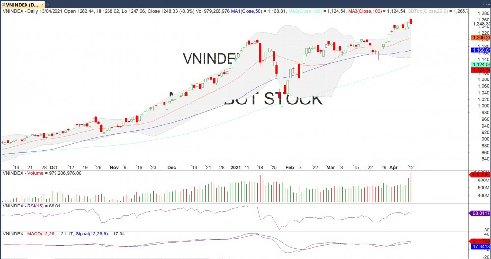 Đồ thị VN-Index của thị trường chứng khoán hôm nay 13/4 (Nguồn MegaBot)