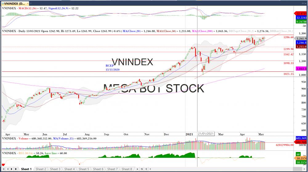 Thị trường chứng khoán ngày 13/05/2020: Đồ thị VN-Index. (Nguồn: MegaBot)