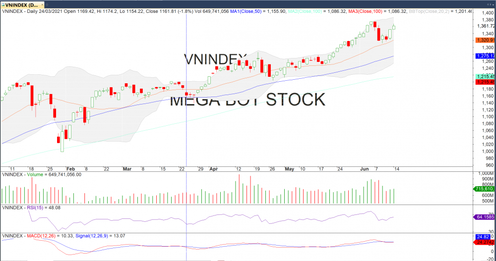 Đồ thị VN-Index của thị trường chứng khoán hôm nay 14/06 .(Nguồn :MegaBot) Đồ thị VN-Index của thị trường chứng khoán hôm nay 14/06 .(Nguồn :MegaBot)