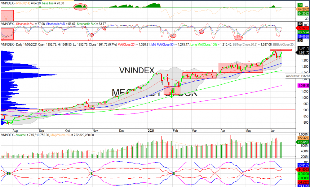 Thị trường chứng khoán ngày 15/06/2020: Đồ thị VN-Index. (Nguồn: MegaBot)