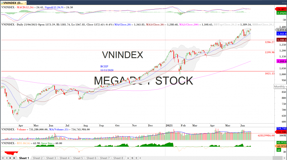 Thị trường chứng khoán ngày 21/06/2020: Đồ thị VN-Index. (Nguồn: MegaBot)